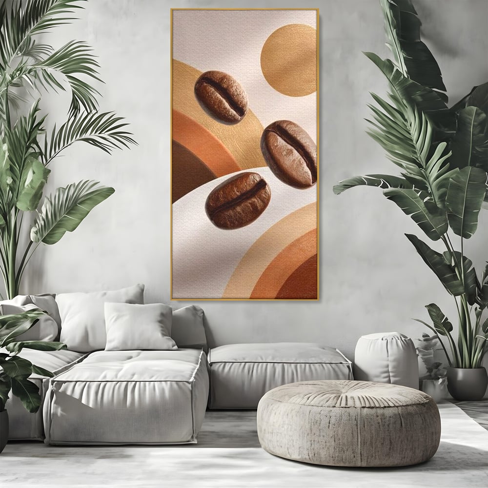 Tablou canvas cu tablou canvas cu boabe de cafea, in rama de aluminiu auriu, pe perete intr-un living
